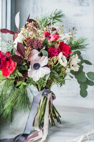 Hochzeitsblumen Mit Schleifen Nahaufnahme — Stockfoto