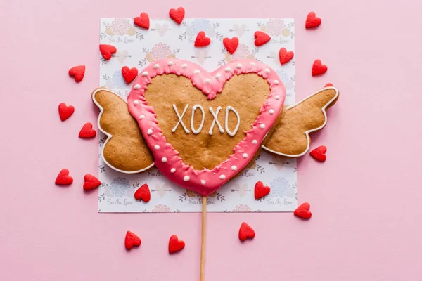 Sweet Cookies Valentine Day Pink Background — Stock Photo, Image