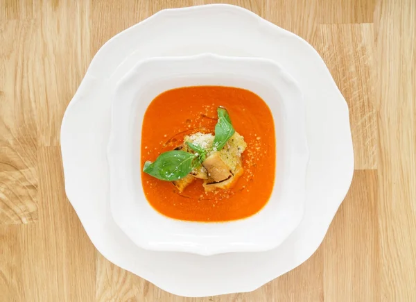 Tomato soup with basil, close up — Stock Image Tomato Soup Basil Close Stock Photo