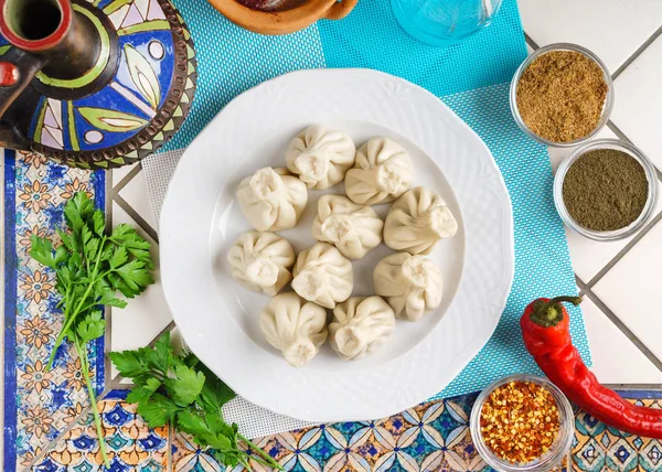 Dumplings Georgianos Khinkali Con Carne —  Fotos de Stock