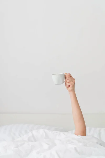 Woman Cup Coffee Bed — Stock Photo, Image
