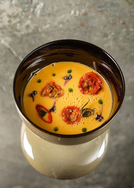 Pumpkin Soup Roasted Tomatoes Close — Stock Photo, Image