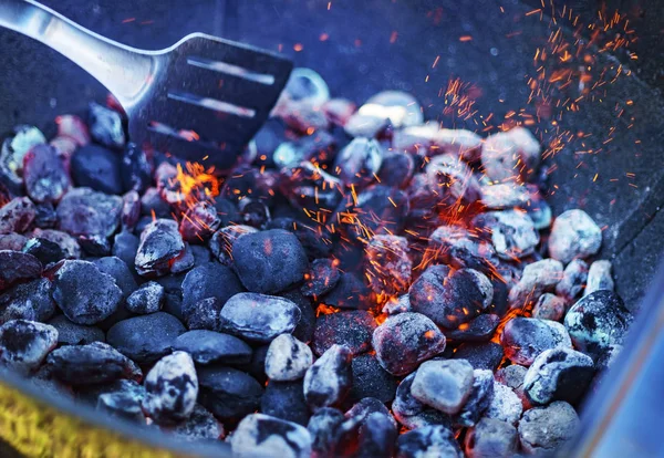 Fuego Una Parrilla Barbacoa Cerca — Foto de Stock