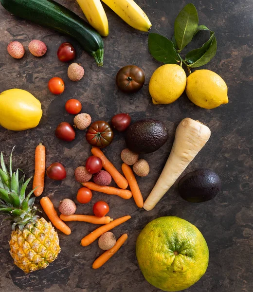 fresh fruits and vegetables on the stone table. zero waste concept