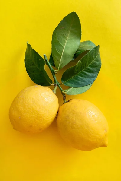 Frische Reife Zitronen Mit Blättern Auf Gelbem Hintergrund — Stockfoto