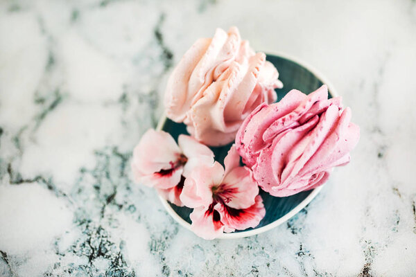 Beautiful delicious dessert. Zephyr in the shape of flowers roses. 