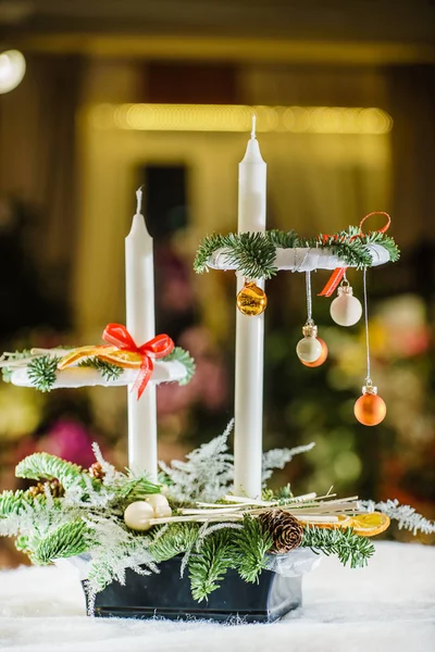 Décoration Noël Avec Bougie Branches Sapin — Photo