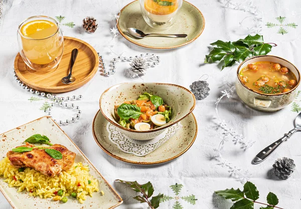 Christmas or New Year dinner, top view — Stock Image Christmas New Year Dinner Top View Royalty Free Stock Images