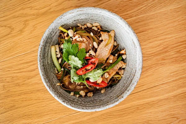 Buckwheat Noodles Pork Vegetables Herbs — Stock Photo, Image