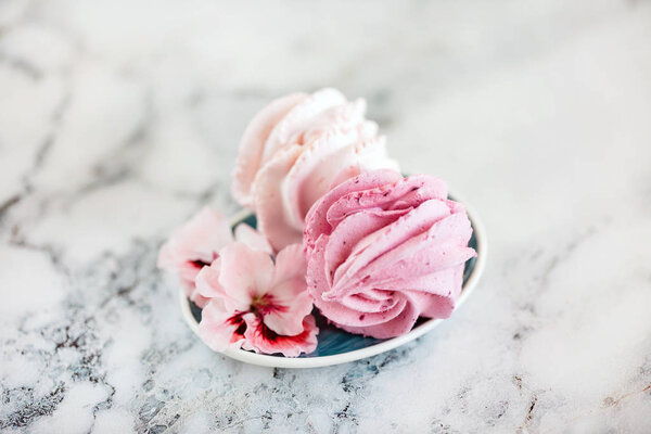 Beautiful delicious dessert. Zephyr in the shape of flowers roses. 
