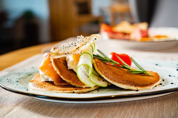 Pancakes Cream Cheese Salmon — Stock Photo, Image