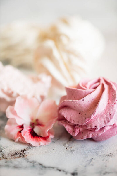 Beautiful delicious dessert. Zephyr in the shape of flowers roses. 