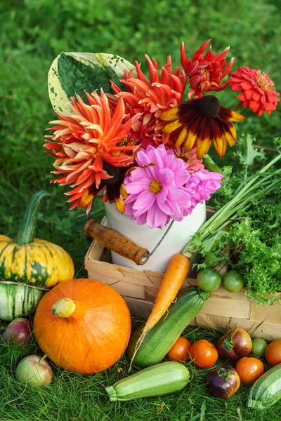 Autumn Arrangement Fresh Vegetables Flowers — Stock Photo, Image