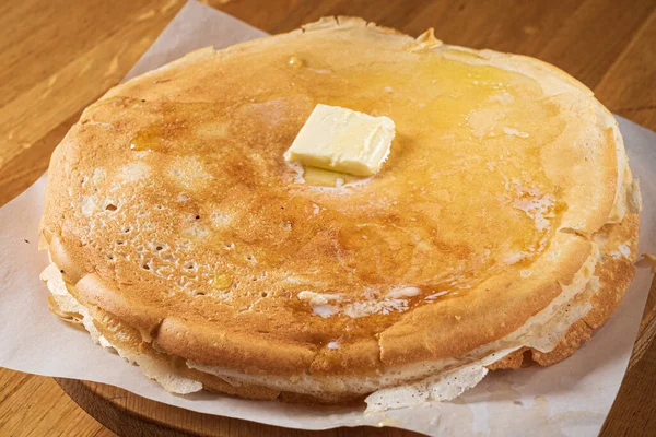 Sweet Homemade Stack Pancakes Butter Honey — Stock Photo, Image