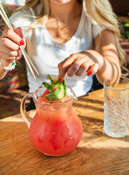 Woman Drinking Watermelon Sangria Cafe — Stock Photo, Image