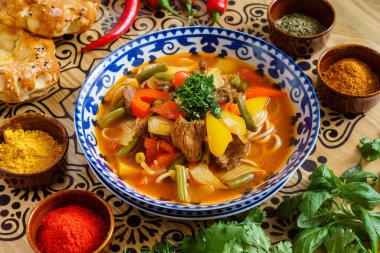 uzbek soup with fresh ingredients