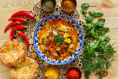 uzbek soup with fresh ingredients