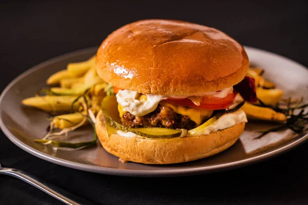 Patates Kızartmalı Lezzetli Burger — Stok fotoğraf