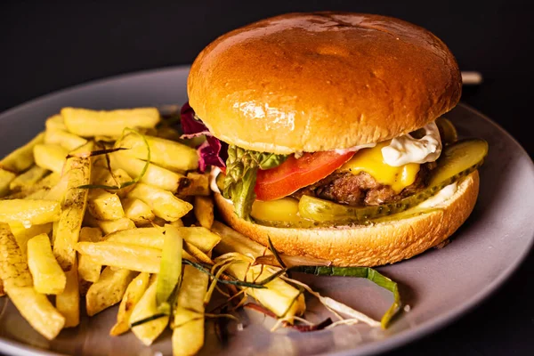 Sabrosa Hamburguesa Con Papas Fritas —  Fotos de Stock