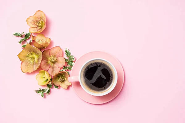 Cup Of Coffee And Flowers On The Pink Background Stock Images Page Everypixel