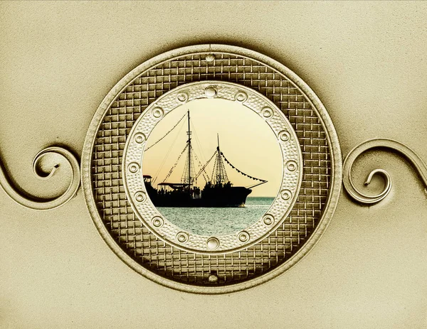 pirate brig in the vintage metallic porthole