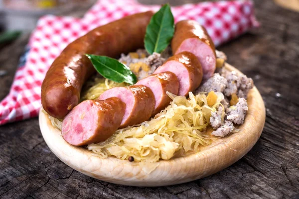 Sausages with buckwheat mush — Stock Photo, Image