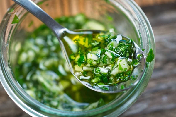 Chimichurri sauce in jar — Stock Image Chimichurri sauce in jar Royalty Free Stock Photos