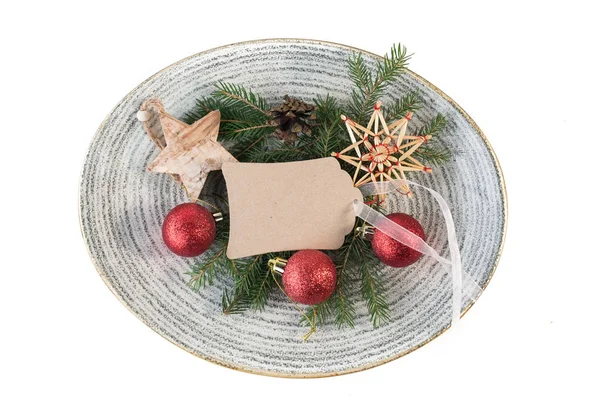 Carte Vide Avec Décorations Noël Branches Sapin Sur Assiette — Photo