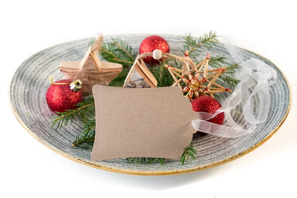 Carte Vide Avec Décorations Noël Branches Sapin Sur Assiette — Photo