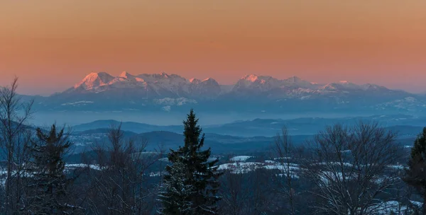 Incrível Panorama Dos Alpes Kamnik Savinja Pôr Sol — Fotografia de Stock