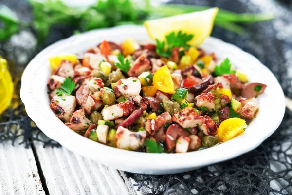 Fresh Octopus Salad White Plate Close — Stock Photo, Image