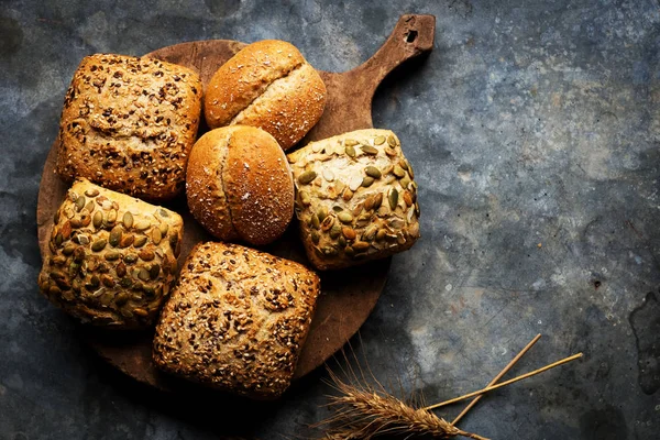 Various Types Bread Wooden Board Close — Stock Photo, Image