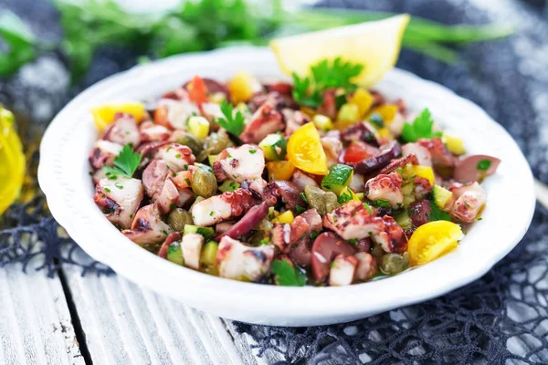 Fresh Octopus Salad White Plate Close — Stock Photo, Image