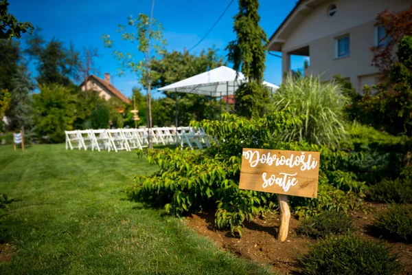 outdoor setup with decorations for wedding reception