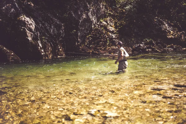 View Fisherman Uniform Fishing River — Stock Photo, Image