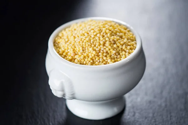White Bowl Full Millet Grains Black Background — Stock Photo, Image