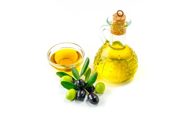 Olio Ciotola Vetro Con Olive Bottiglia Isolata Fondo Bianco — Foto Stock