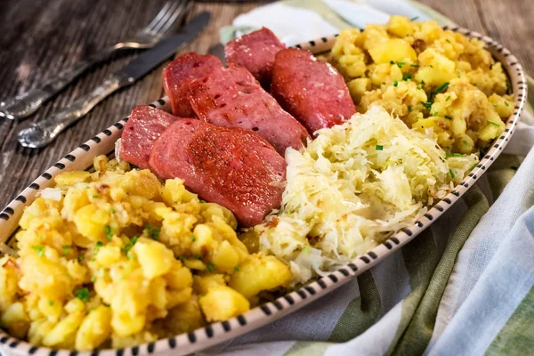 Plate Meat Sauerkraut Potato — Stock Photo, Image