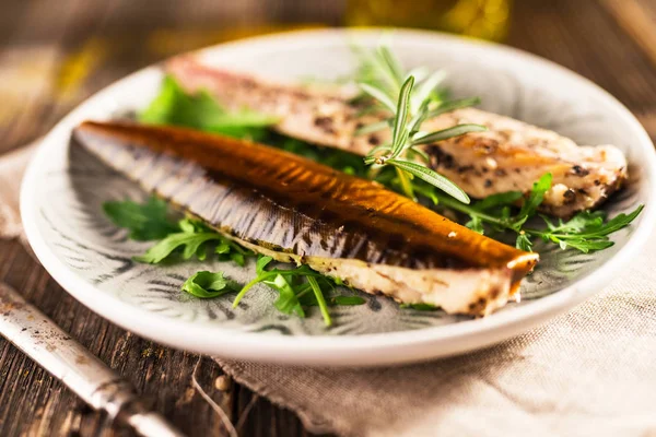 Smoked Mackerel Served Vintage Plate Wooden Table — Stock Photo, Image