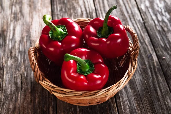 Fresh Red Peppers Basket Wooden Background — Stock Photo, Image
