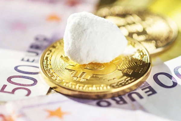 Euro Bills Bitcoins Cocaine Drugs Traffic — Stock Photo, Image