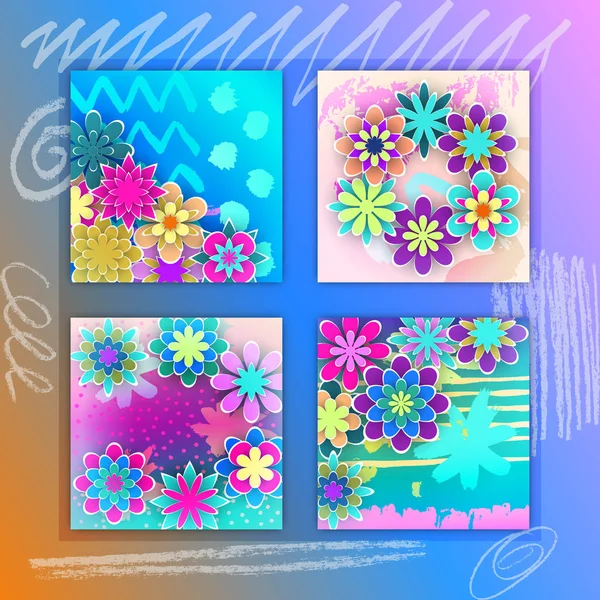 Sada čtverečních karet s barevné papírové květiny — Stockový vektor