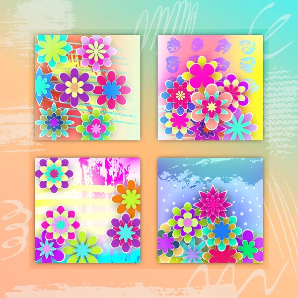 Conjunto de tarjetas cuadradas con flores de papel de colores — Vector de stock