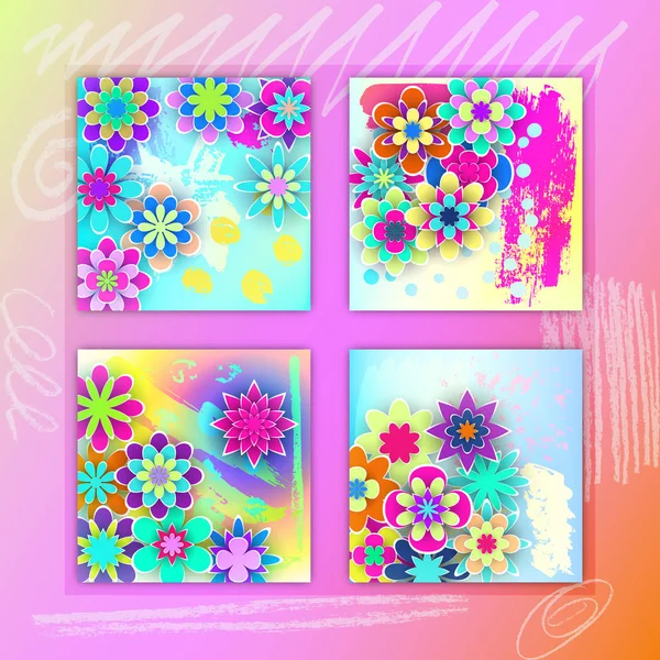 Set of Square Cards with Colorful Paper Flowers — Stock Vector