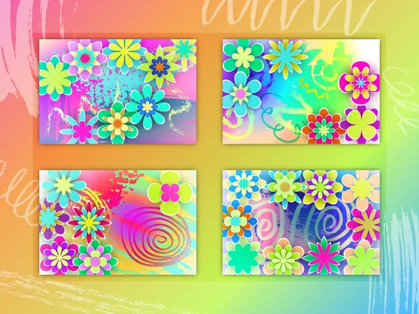 Jeu de Cartes Rectangulaires avec Fleurs en Papier Coloré — Image vectorielle