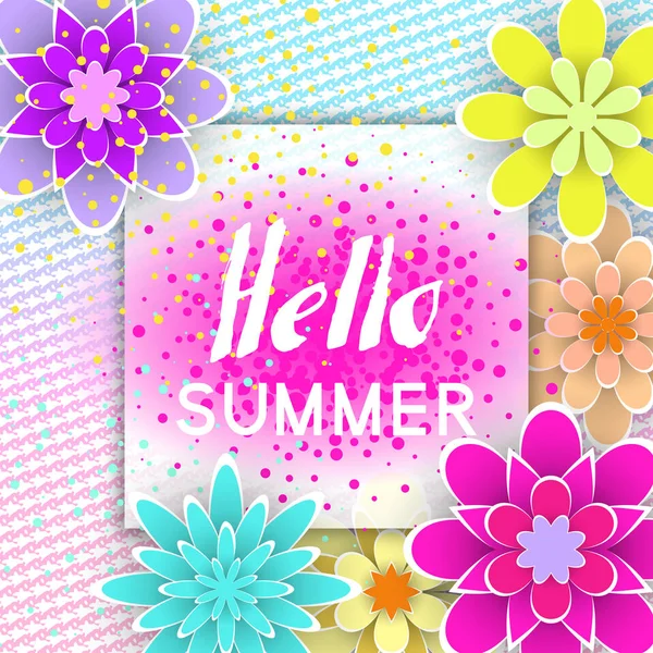 Recorte de flores e texto de caligrafia com moldura para Hello Summer — Vetor de Stock