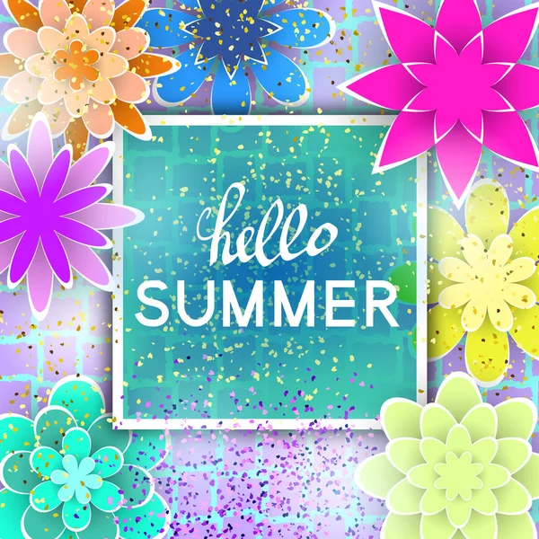 Olá Summer Greeting Card com recorte Flores e Caligrafia T —  Vetores de Stock