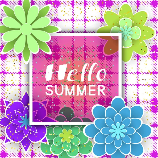 Hello Summer Greeting Card with Cutout Flowers and Calligraphy T — Stock Vector