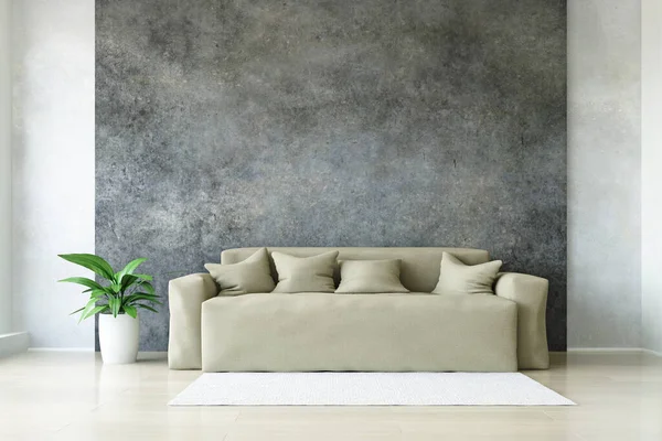 Modern Beige Sofa Pillows Plant Stylish Dirty Concrete Wall White — Stock fotografie