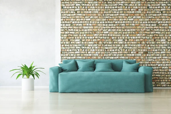 Sofá Turquesa Moderna Com Travesseiros Planta Perto Elegante Parede Tijolo — Fotografia de Stock